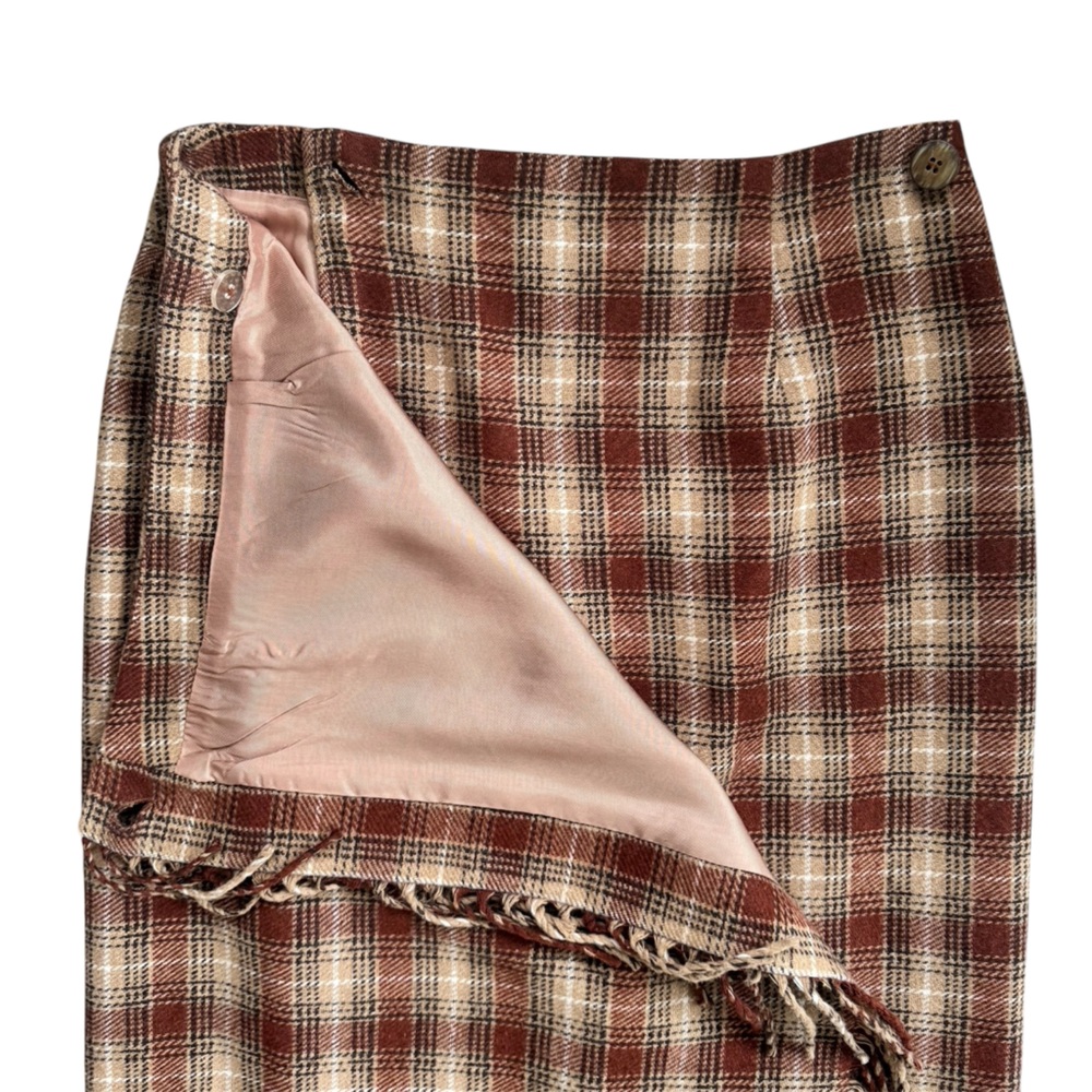 Daniel Hechter Plaid Fringe Wrap Midi Skirt, Brown/Beige, Wool Blend, Size 6 (S) - Picture 5 of 12